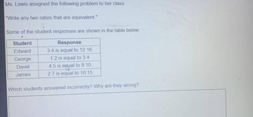 Ms. Lewis assigned the following problem to her class:

Write any two ratios that are equivalent.