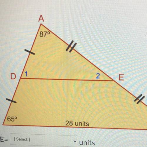 Determine the length of segment DE and the measures of angles 1, 2, and
3.
