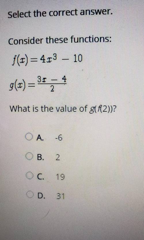 What is the value of g(f(x)) ? Ο Α. . -6 OB. C. 19 D. 31