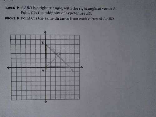 Given:ABD is right triangle, with the right angle at vertex A. Point C is the same distance from ea