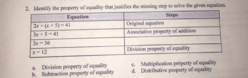 2. Identify the property of equality that justifies the missing step to solve the given equation