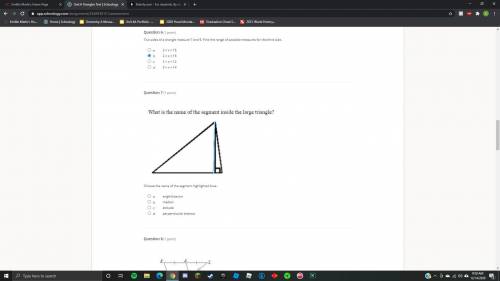 Choose the name of the segment highlighted blue.

a
angle bisector
b
median
c
altitude
d
perpendic