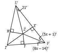 If Z is the incenter of Triangle TUV, then find the degree measure of Angle ZTV.