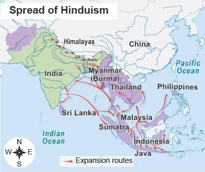 Read the map.

What does the map show about the spread of Hinduism? Hinduism spread to areas of we