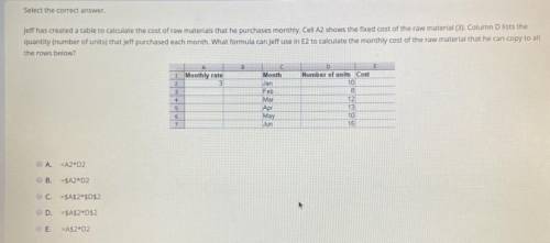 Select the correct answer.

Jeff has created a table to calculate the cost of raw materials that h