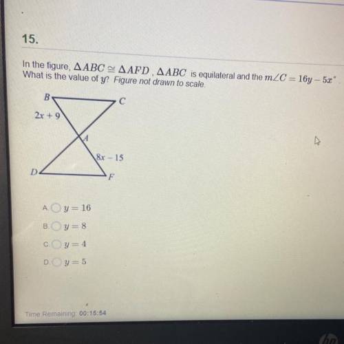 15.

In the figure, AABC 2 AAFD. AABC is equilateral and the mZC = 167 - 52°.
What is the value of