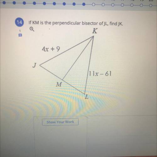If KM is the perpendicular bisector of JL, find JK.