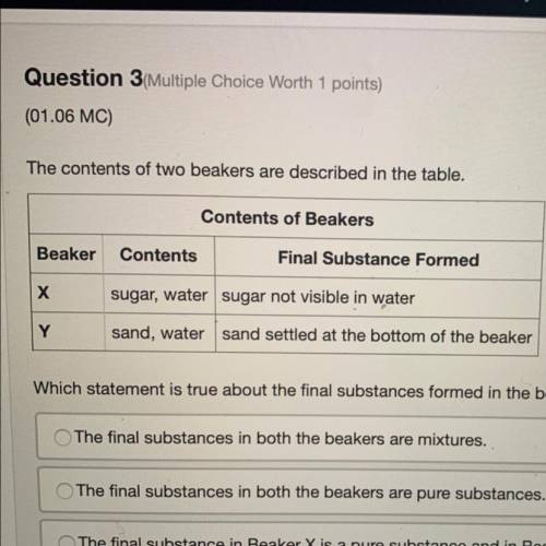 Question 3 Multiple Choice Worth 1 points)

(01.06 MC)
The contents of two beakers are described i