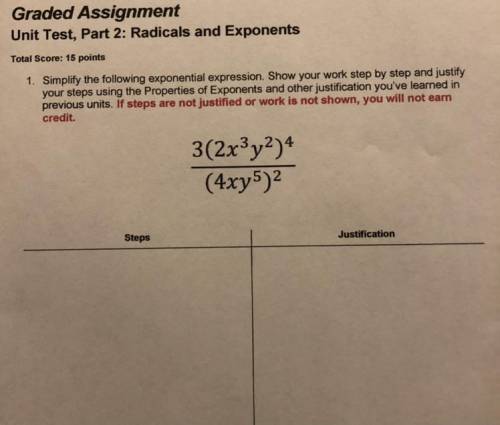 Graded Assignment

Unit Test, Part 2: Radicals and Exponents
Total Score: 15 points
1. Simplify th