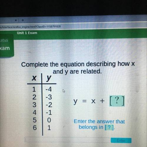 Complete the equation describing how x and y are related.