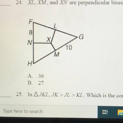 24. XZ, XM, and XN are perpendicular bisectors. The perimeter of AFGH is 54. What is FG?