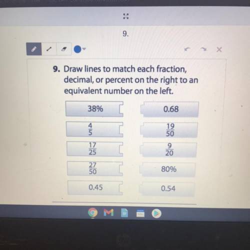 Draw lines to match each fraction,

decimal, or percent on the right to an
equivalent number on th