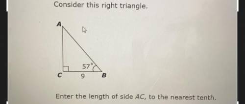 Consider this right triangle.
Enter the length of side AC, to the nearest tenth.