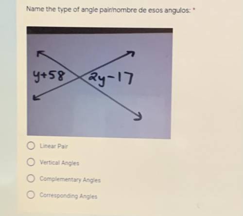 Name the type of angle pain:

 
-Linear Pair
-Vertical Angles
-Complementary Angles
-Corresponding
