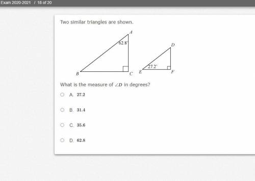Two similar triangles are shown.image
What is the measure of the image in degrees?