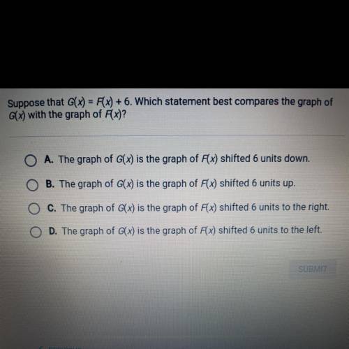 PLEASE HELP ME, I DONT UNDERSTAND

Suppose that G(x)= F(x)+6. Which statement best compares the gr