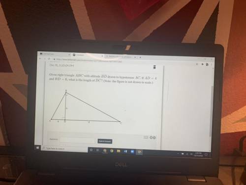 Given right triangle ABC with altitude BD drawn to hypotenuse AC. If AD = 4

and BD = 6, what is t