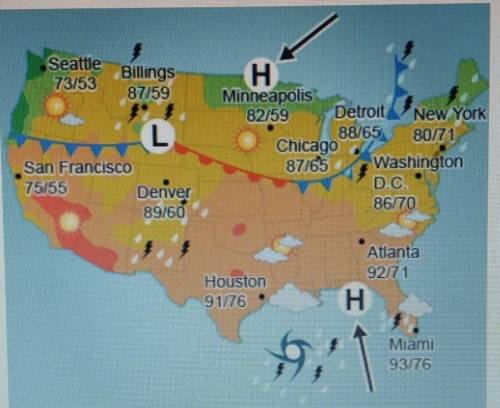 Examine the weather map. What does the symbol indicated by the arrows most likely represent? O a hu