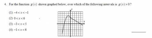 For the function g(x) shown graphed below, over which of the following intervals is g(x) > 0