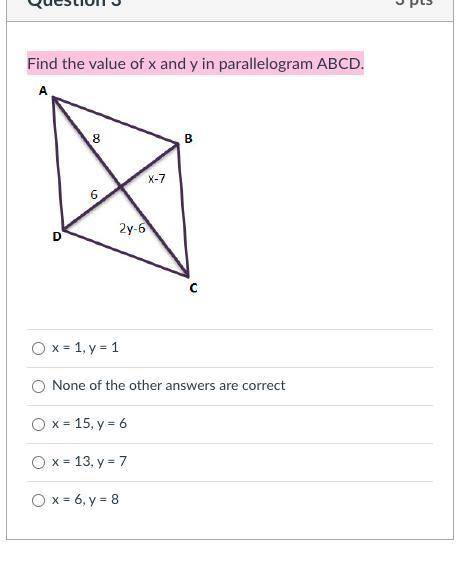 PLS ANSWER ASAP
Find the value of x and y in parallelogram ABCD.