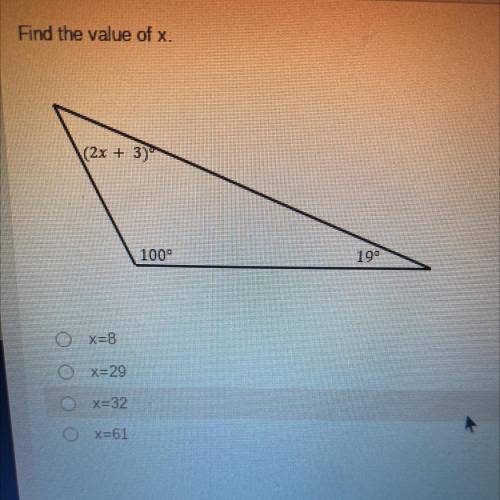 Find the value of x.
(2x + 3)
100°
199