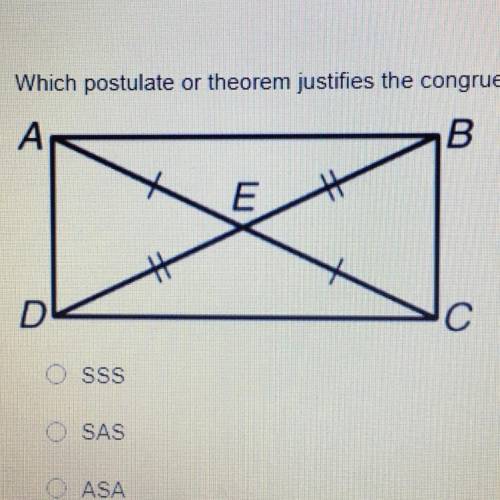 Which postulate or theorem justifies the congruence statement, ABE is congruent to CDE?

- SSS
- S