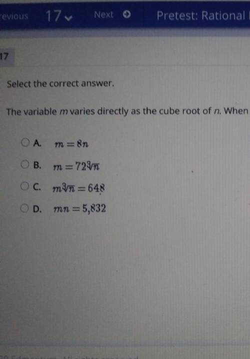 the variable M varies directly as the cube root of n. when n equals 27 m equals to 216. which equat