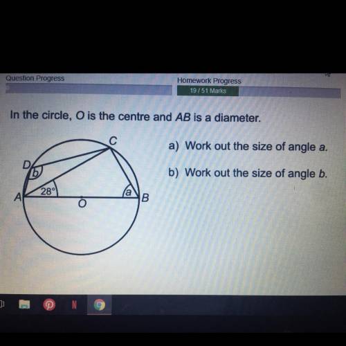 In the circle, O is the centre and AB is a diameter.

a) work out the size of angle a
b) work out