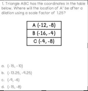 triangle abc has the coordinates in the table below. Where will the location of A' be after a dilat