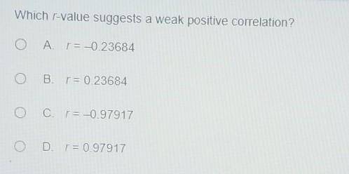 Which r-value suggests a weak positive correlation? O A r=-0.23684 B. r = 0.23684 O C r = -0.97917