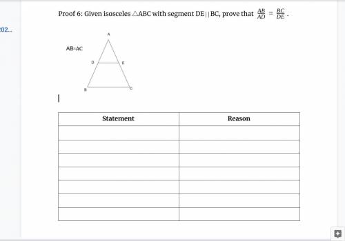 Proof 6: Given isosceles △ABC with segment DEBC, prove that ABAD=BCDE.

I NEED HELP ASAP I HAVE UN
