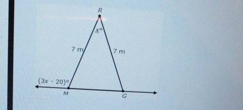 Isosceles triangle RMG is shown below

What is the value of x? A) x=10 B) x=44C)x=50 D) 220 _____