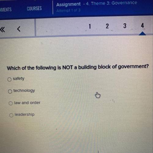 Which of the following is NOT a building block of government?

Osafety
technology
law and order
le