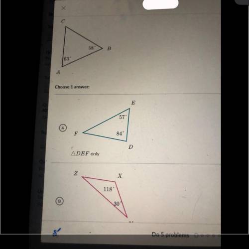 Someone please help. which triangles are similar to ABC? triangle A, triangle B, both or neither?