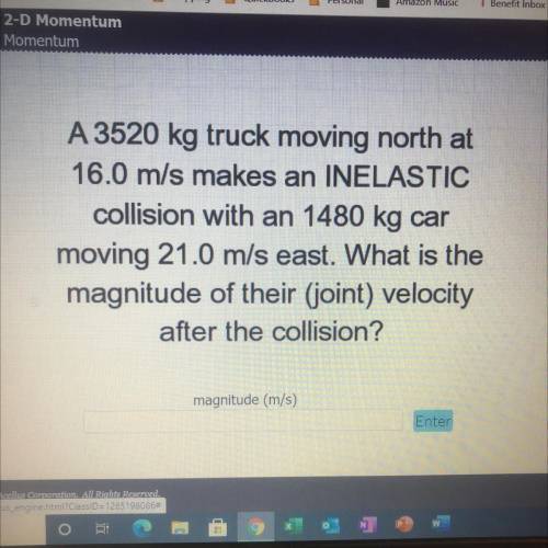 A 3520 kg truck moving north at 16.0 m/s makes an INELASTIC collision with an 1480 kg car moving 21