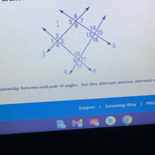 Classify the relationship between each pair of angles. Are they alternate interior, alternate exter