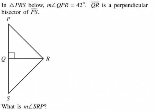 In triangle PRS below, MQPR=42 degrees, line QR is a perpendicular bisector of Line PS

What is mS