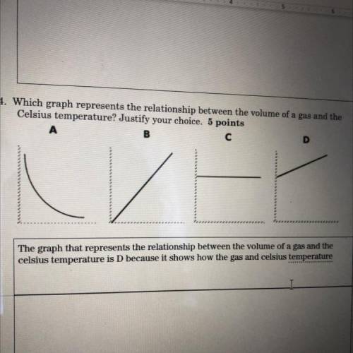 4. Which graph represents the relationship between the volume of a gas and the

Celsius temperatur