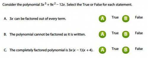 Consider the polynomial 3x3 + 9x2 − 12x. Select the True or False for each statement.