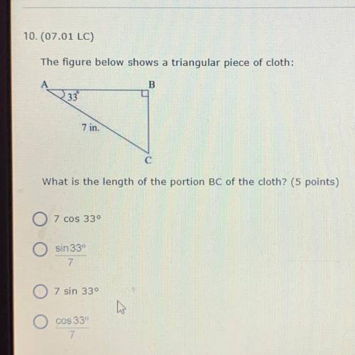 The figure below shows a triangular piece of cloth

What is the length of the portion BC of the cl