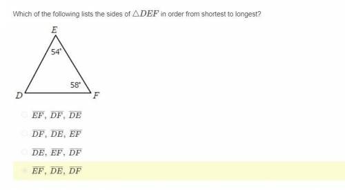 Which of the following lists the sides of △DEF in order from shortest to longest?