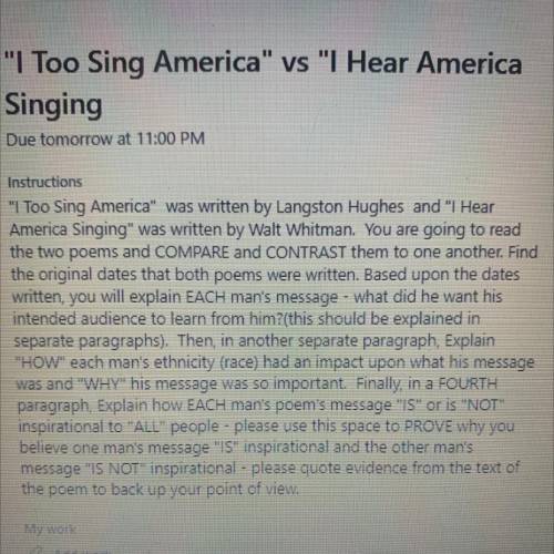 Worth yo time

Instructions
I Too Sing America was written by Langston Hughes and I Hear
Americ