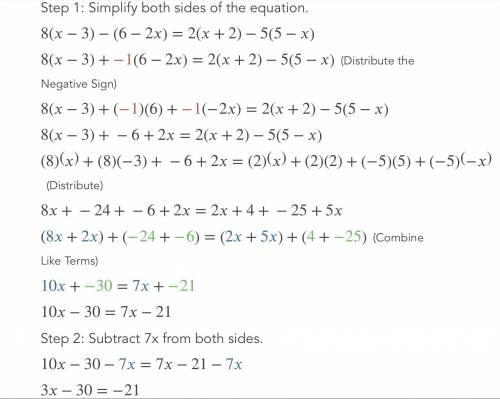 8(x-3) - (6 – 2x) = 2(x + 2) - 5(5 - x)