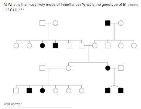 What is the most likely mode of inheritance? What is the genotype of B) I-1? C) II-3?