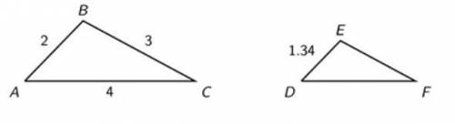 Triangles ABC and DEF are similar.
The length of segment DF=
The length of segment EF=