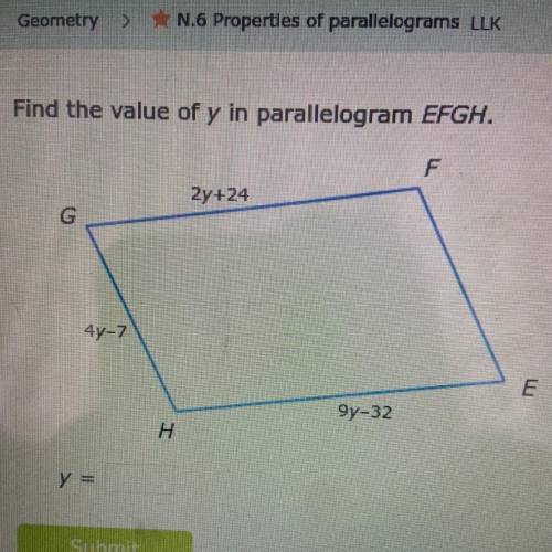 Find the value of y in parallelogram EFGH. 
I need help, can someone just please help me.