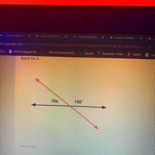 Solve for X.
10x
100°
Linear angles 
Explain please
