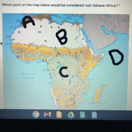 Which point on the map below would be considered 'sub-Saharan Africa'?*

A
B
D
Victor
C
ATLANTIC
O