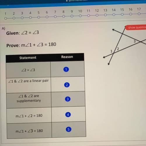 Given:<2=<3
Prove: m<1+<3=180