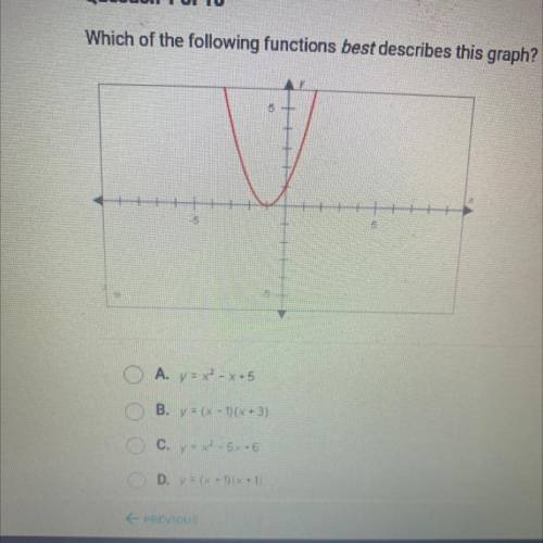 Helpppppppp meee

Which of the following functions best describes this graph?
O A. y = x2-x+5
B. y